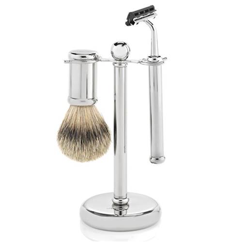Set de Rasage Rasoir Tête Fixe et Blaireau Argent