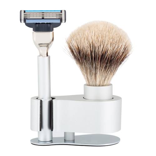 Set Rasage Argent Satiné Rasoir Mach III et Blaireau