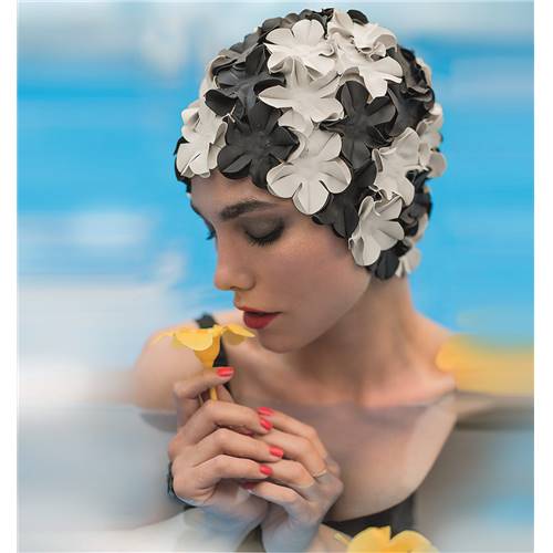 Bonnet de Bain à Pétales Noir & Blanc